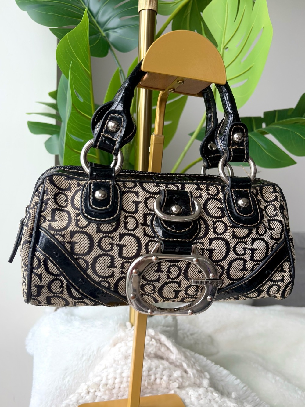 RARE Vintage Y2K GUESS Gloss Mini Monogram Bowler Bag Ostrich McBling - Picture 13 of 13